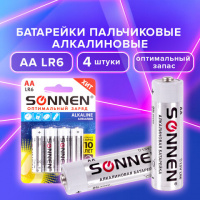 Батарейка SONNEN КОМПЛЕКТ 4 шт Alkaline Оптимальный заряд АА (LR6, 15А)пальчиковые 451085 цена за блистер 4251