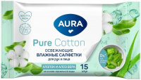 Влажные салфетки  15шт АУРА Освежающ. PURE Cotton