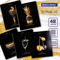 Тетрадь 48л., клетка А5 BRAUBERG, скоба,матовая ламинация, фольга, "Black&Gold" (микс в спайке), 404370