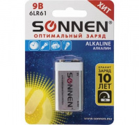 Батарейка SONNEN Alkaline, Крона (6LR61, 6LF22, 1604A), алкалиновая, 1 шт, блистер, 451092
