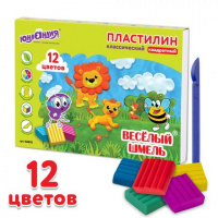 Пластилин 12 цв. ЮНЛАНДИЯ "ВЕСЁЛЫЙ ШМЕЛЬ" 204г, СО СТЕКОМ, КВАДРАТНЫЙ, 104823