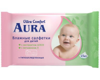 Влажные салфетки Детские  15шт АУРА Ультра комфорт