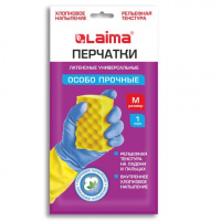 Перчатки хозяйственные латексные ОСОБО ПРОЧНЫЕ LAIMA сине-желтые х/б напыление размер М 700542