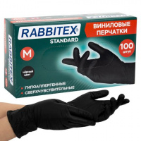Перчатки Виниловые черные RABBITEX р.M 100шт /702168		